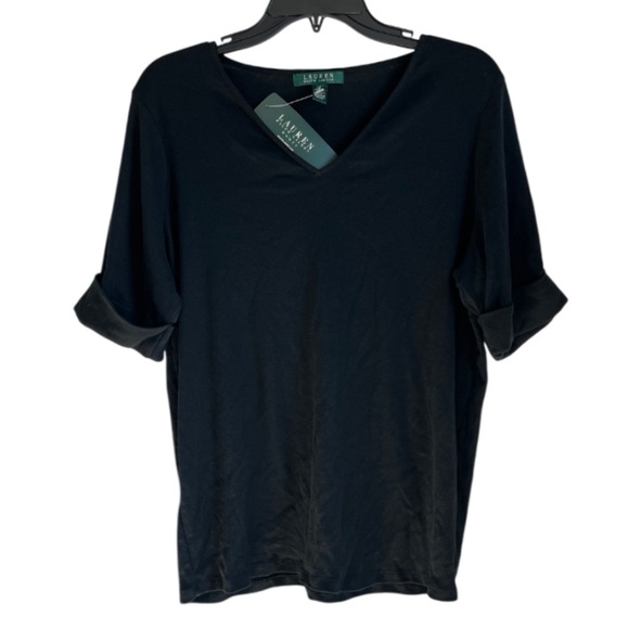 Ralph Lauren Women NWT Black Stretch Cotton V Neck Tee - 1X - Picture 2 of 13
